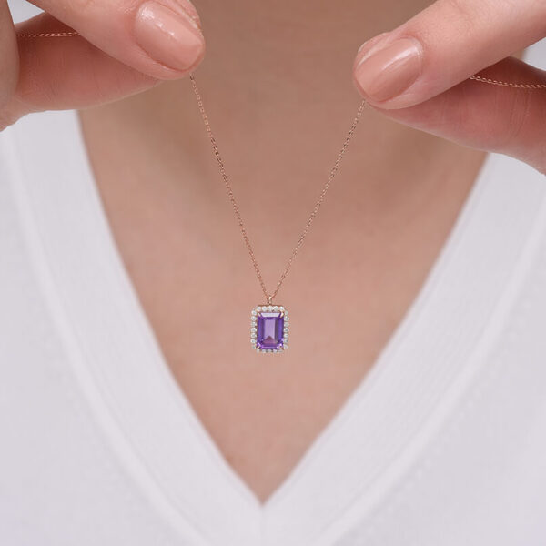 Dikdörtgen Pırlanta & ametist altın kolye