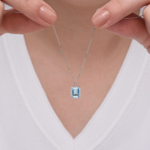 Dikdörtgen Pırlanta & mavi topaz altın kolye