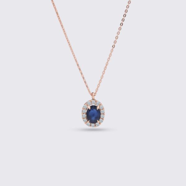 Oval pırlanta ve safir aaltın kolye
